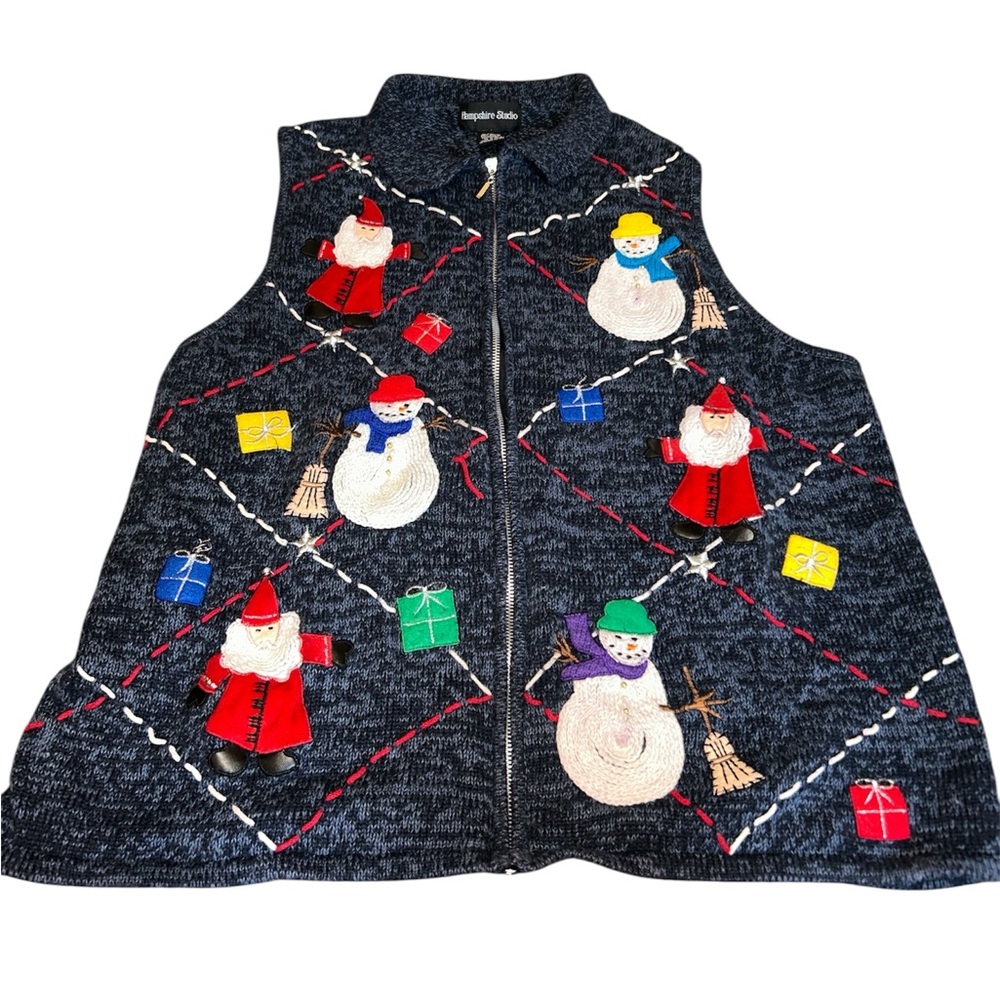 Hampshire Studio 2X Christmas Sweater Vest Zip Front Santa Snowman Ugly Holiday